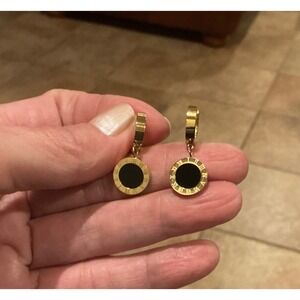 Gold‎ Tone Earrings Black Roman Numeral Round Dangle Drop Jewelry Women